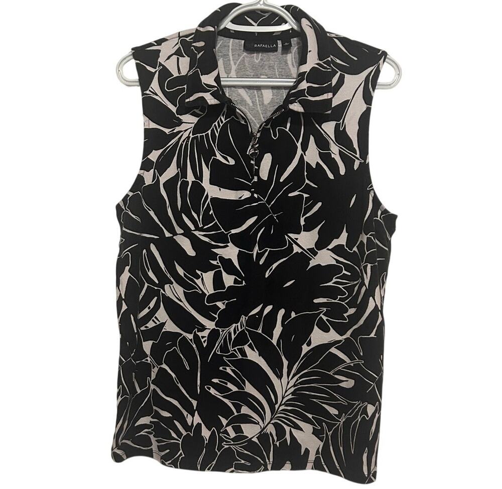 Rafaella‎ Women's Sleeveless Black & White Palm Print Top Quarter Zip Size XL